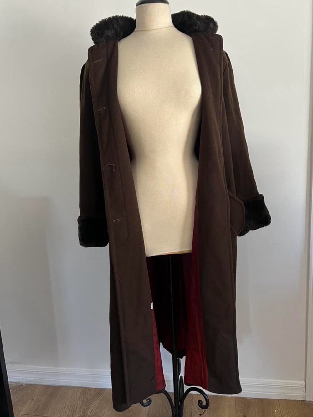 Vintage Steve² Brown Faux Fur Trim Maxi Coat — size 8 petite (medium)